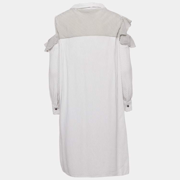 Pre Owned Maje White & Black Striped Crepe Cold Shoulder Mini Dress L