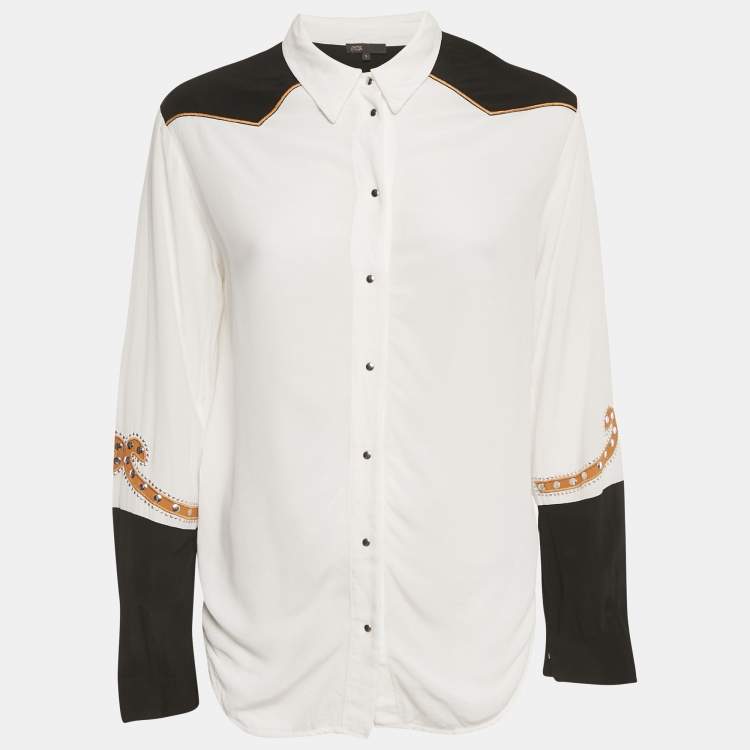 Pre Owned Maje White & Black Love Embroidered Crepe Chesti Shirt S