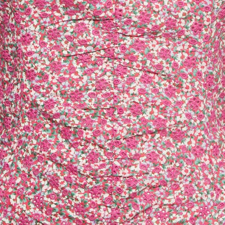 Pre Owned Maje Pink Floral Print Cotton Broderie Anglaise Ruche Mini Dress S