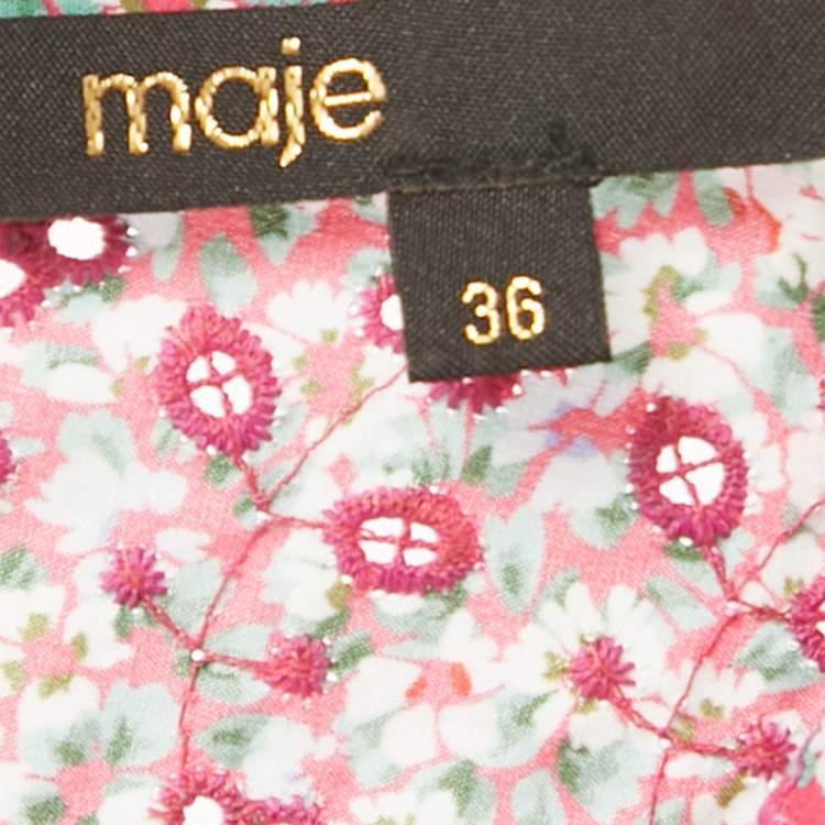 Pre Owned Maje Pink Floral Print Cotton Broderie Anglaise Ruche Mini Dress S