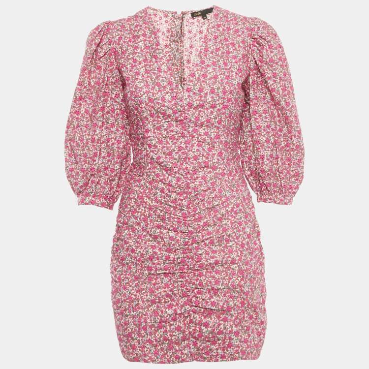 Pre Owned Maje Pink Floral Print Cotton Broderie Anglaise Ruche Mini Dress S