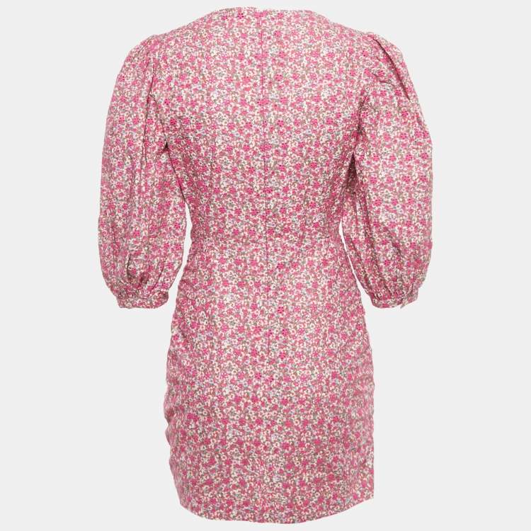 Pre Owned Maje Pink Floral Print Cotton Broderie Anglaise Ruche Mini Dress S