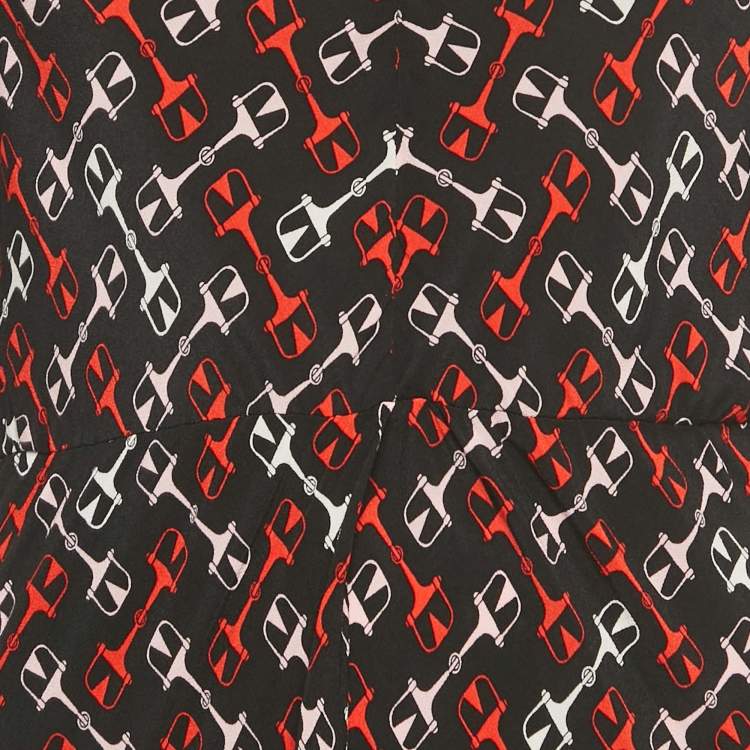 Pre Owned Maje Black Geometric Print Crepe Lace Trim Midi Dress M