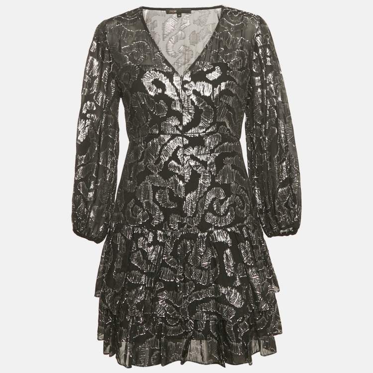 Pre Owned Maje Black Chiffon Metallic Fil coupe Mini Dress S