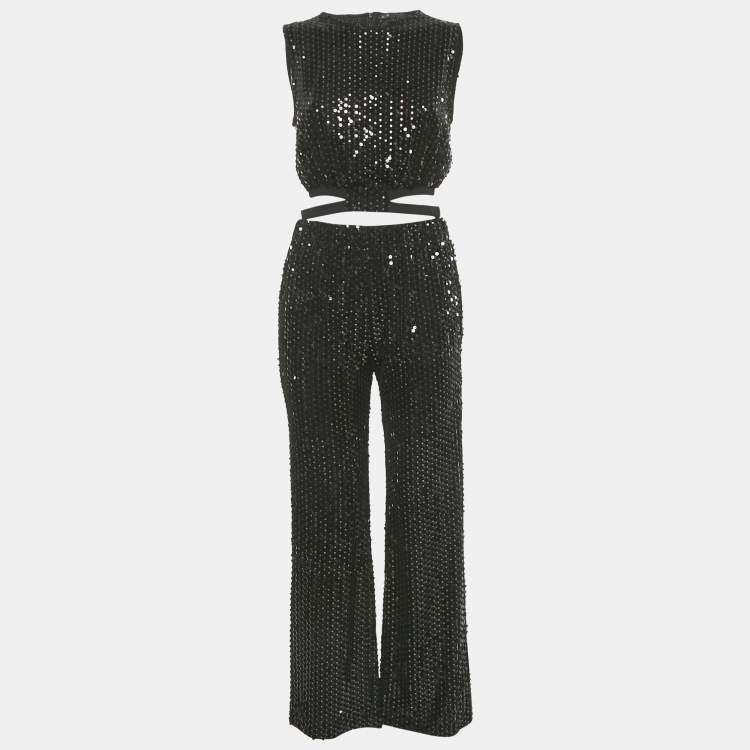 Pre Owned Maje Black Sequin Cut-Out Crop Top & Wide Leg Pants Set S 
