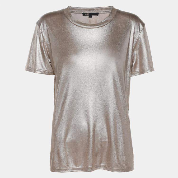 Pre Owned Maje Metallic Beige Stretch Knit T-Shirt S