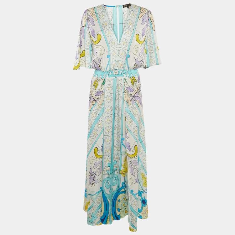 Pre Owned Maje White Mosaic Print Satin Handkerchief Hem Maxi Dress XL