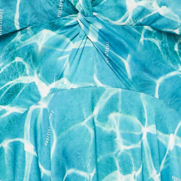 Pre Owned Maje Blue Printed Cut -Out Detail Satin Asymmetric Maxi Dress S 