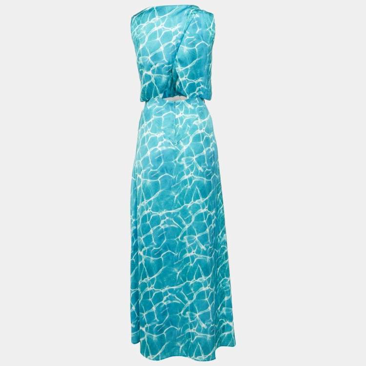 Pre Owned Maje Blue Printed Cut -Out Detail Satin Asymmetric Maxi Dress S 