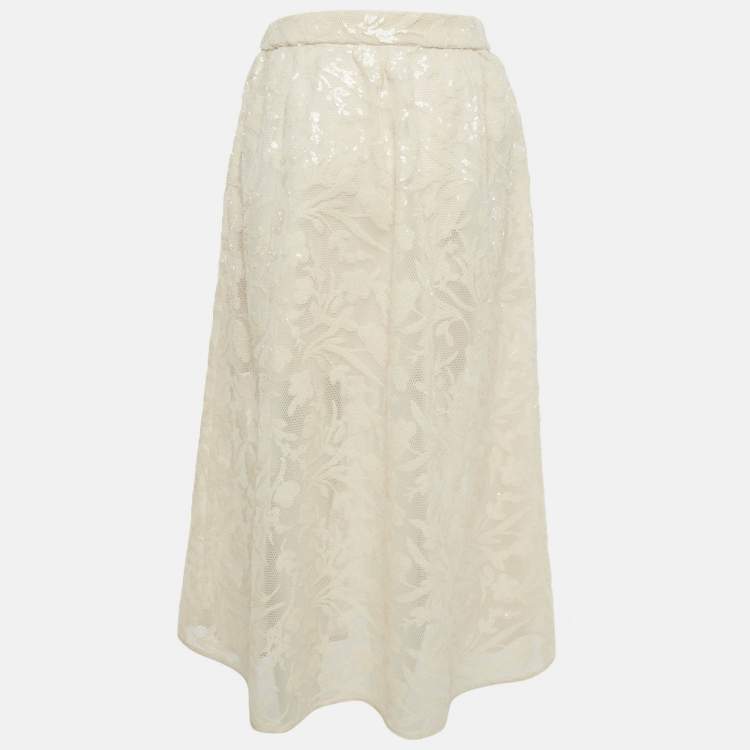 Pre Owned Maje Cream Sequin Sheer Midi Skirt S 