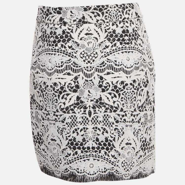 Pre Owned Maje White / Black Lace Fringed Hem Mini Skirt M