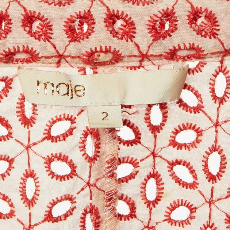 Pre Owned Maje Red Embroidered Eyelet Cotton Rayani Short Dress M