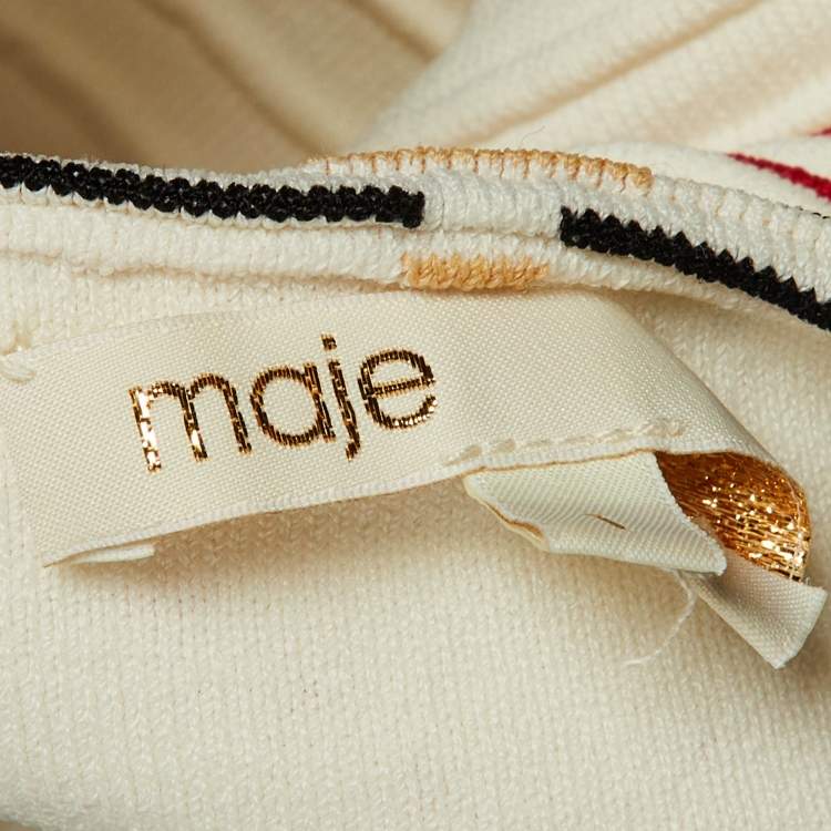 Pre Owned Maje Cream Patterned Knit Off Shoulder Remord Midi Dress S