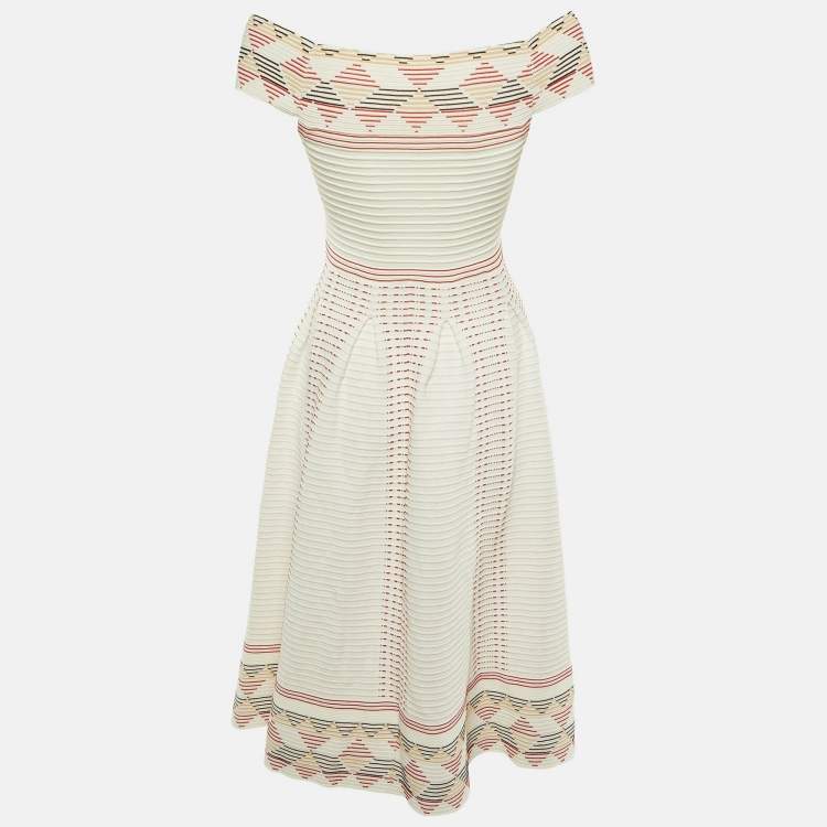 Pre Owned Maje Cream Patterned Knit Off Shoulder Remord Midi Dress S