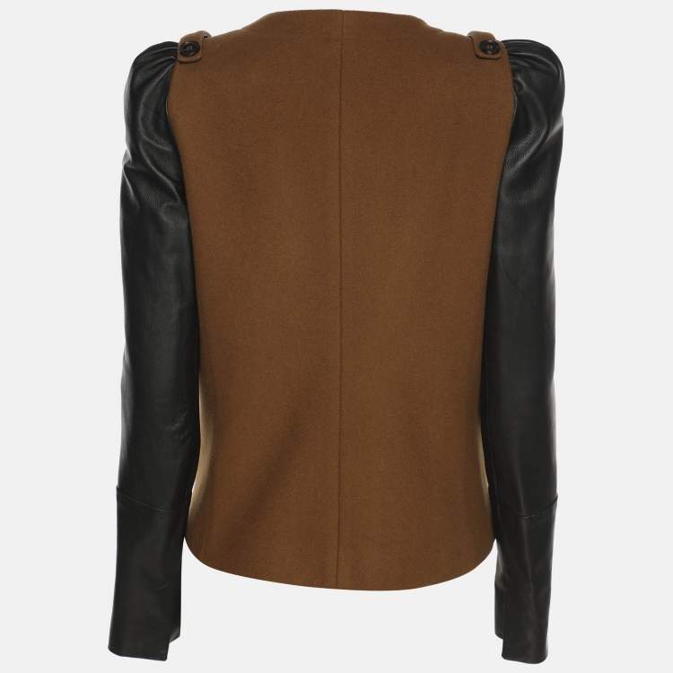 Pre Owned Maje Khaki/Black Wool Blend and Leather Zip Jacket S