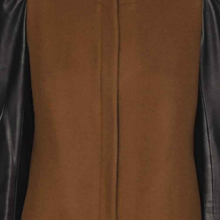 Pre Owned Maje Khaki/Black Wool Blend and Leather Zip Jacket S