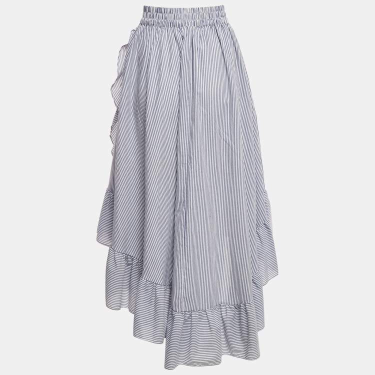 Pre Owned Maje White/Blue Striped Cotton Blend Asymmetric John Skirt S