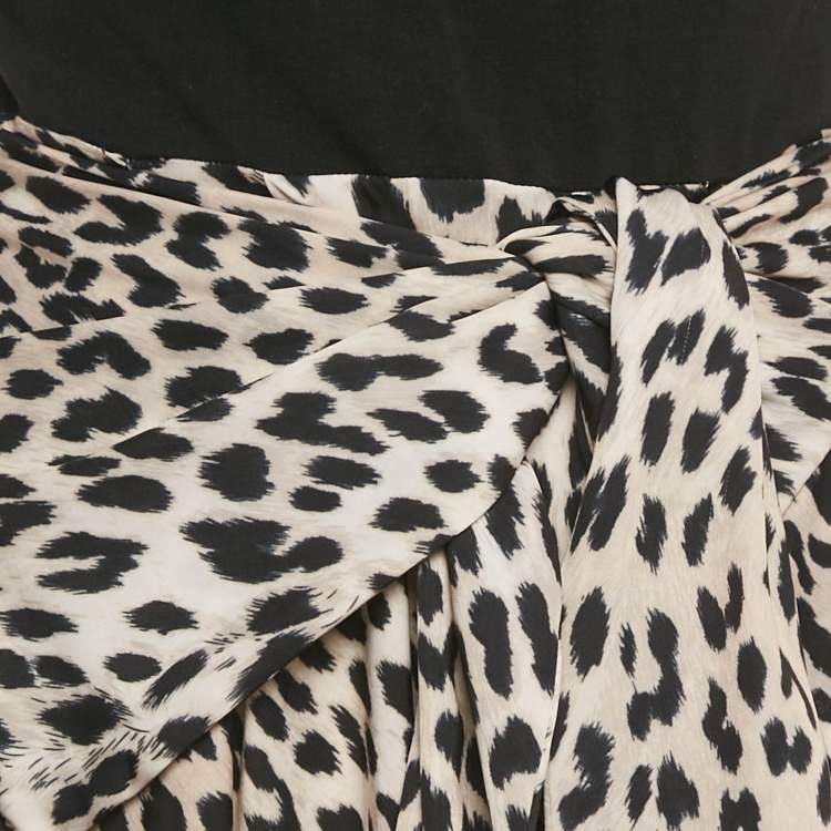 Pre Owned Maje Black Leopard Print Satin Asymmetric Midi Dress S