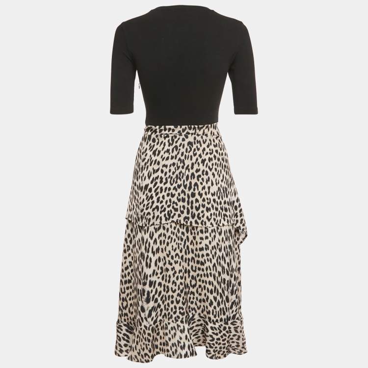 Pre Owned Maje Black Leopard Print Satin Asymmetric Midi Dress S