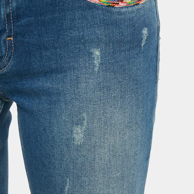 Pre Owned Maje Blue Distressed Demin Embellished Trim Low Waist Jeans XS Waist 28"