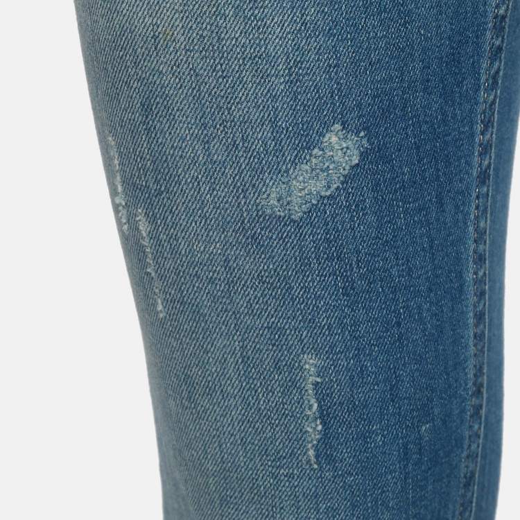 Pre Owned Maje Blue Distressed Demin Embellished Trim Low Waist Jeans XS Waist 28"