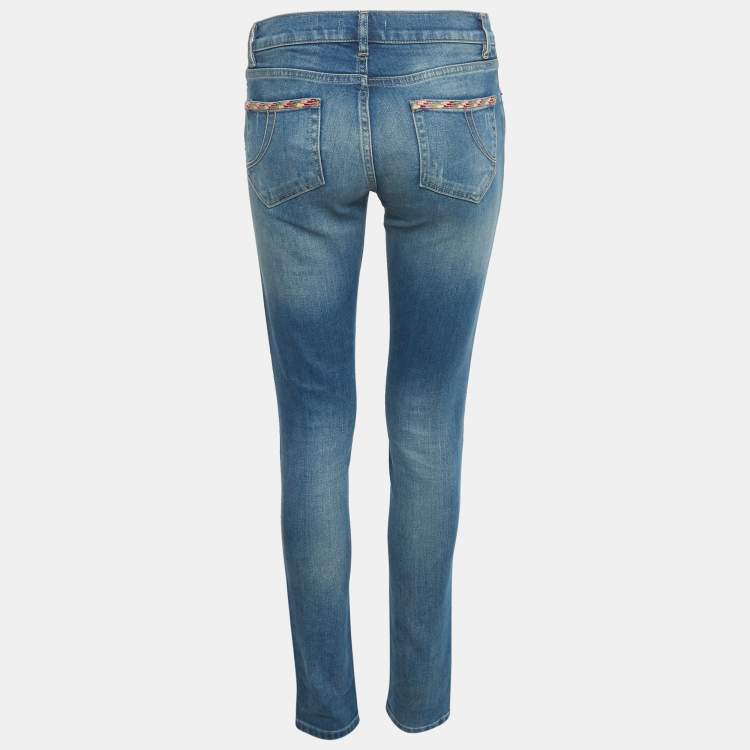 Pre Owned Maje Blue Distressed Demin Embellished Trim Low Waist Jeans XS Waist 28"