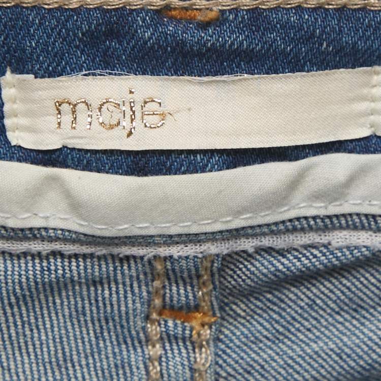 Pre Owned Maje Blue Distressed Demin Embellished Trim Low Waist Jeans XS Waist 28"
