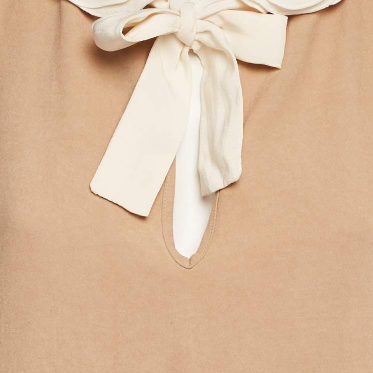 Pre Owned Maje Beige/Navy Blue Crepe Neck-Tie Mini Dress M