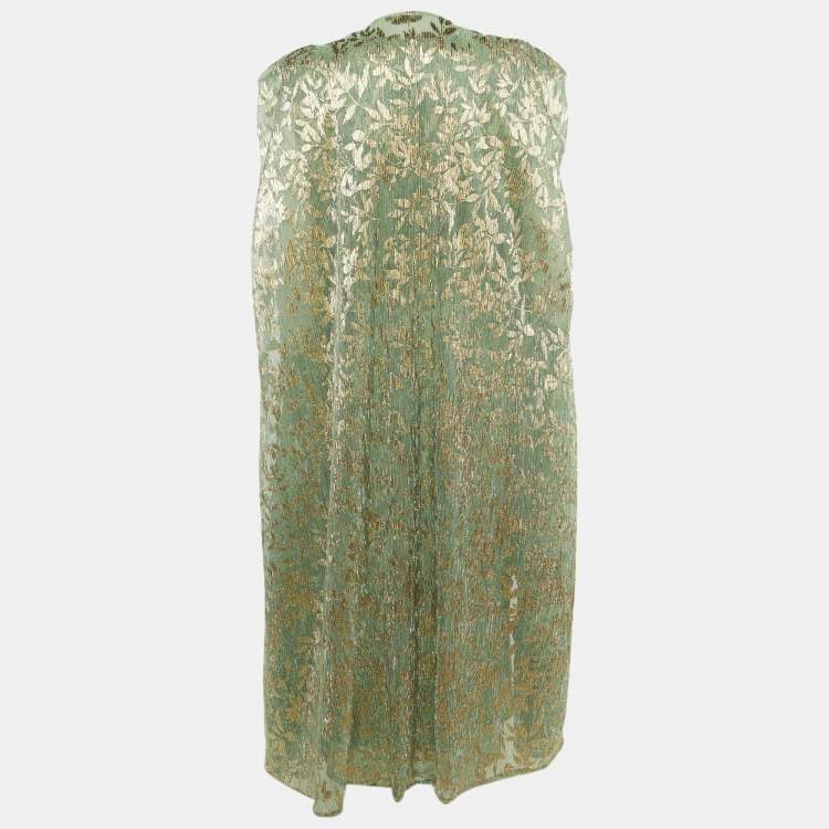 Pre Owned Maje Light Green Metallic Foliage Print Plisse Belted Cape & Maxi Dress M