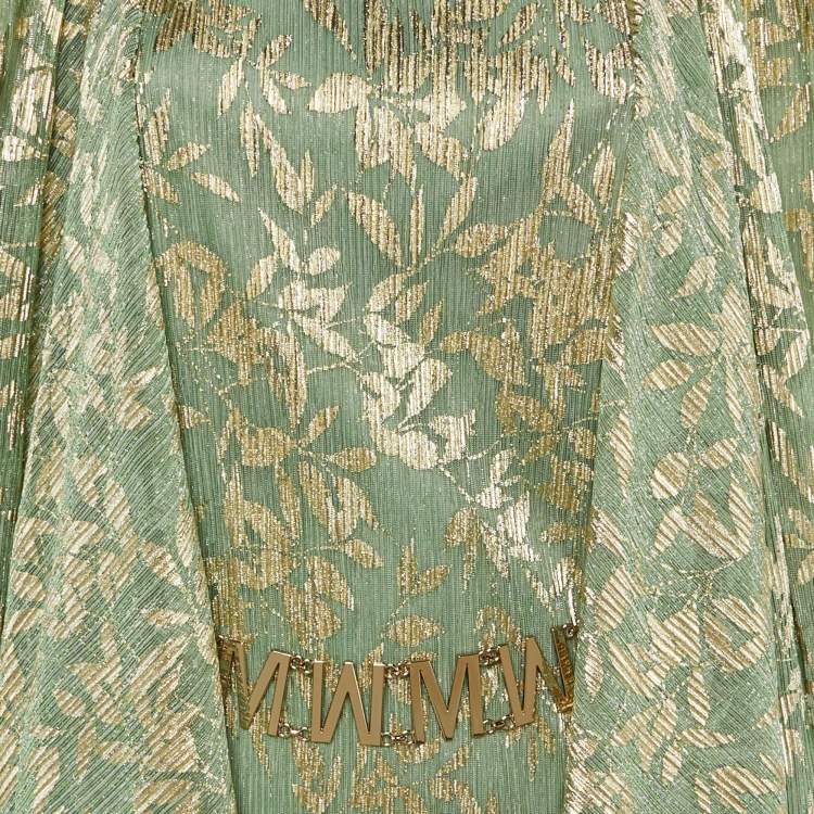 Pre Owned Maje Light Green Metallic Foliage Print Plisse Belted Cape & Maxi Dress M