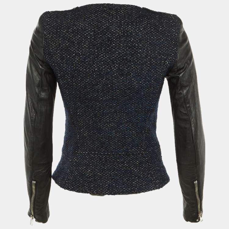 Pre Owned Maje Navy Blue /Black Tweed & Leather Zip Up Jacket S 