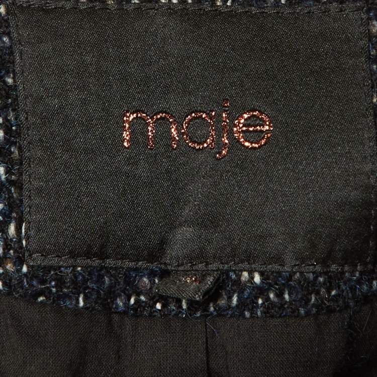 Pre Owned Maje Navy Blue /Black Tweed & Leather Zip Up Jacket S 