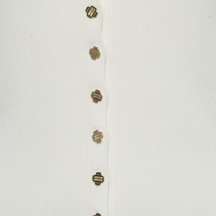 Pre Owned Maje White Rib Knit Logo Button Detail Top S
