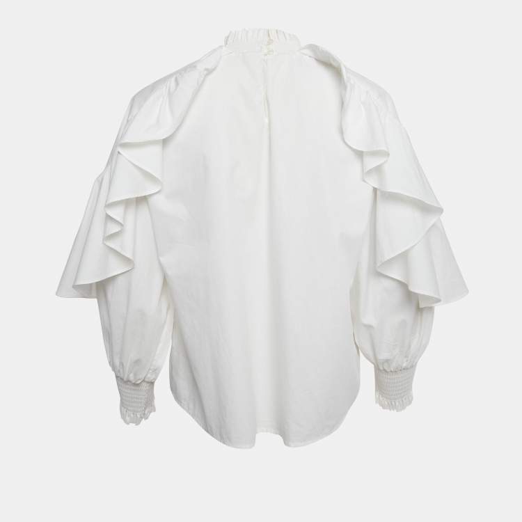 Pre Owned Maje White Cotton Ruffled Shirring Blouse S