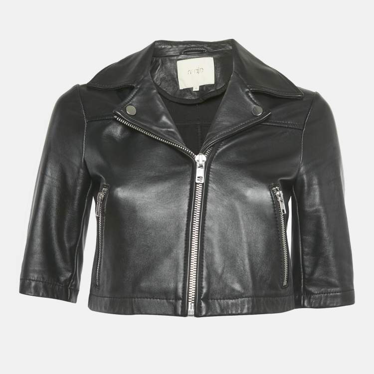 Pre Owned Maje Black Leather Zip-Up Crop Jacket S