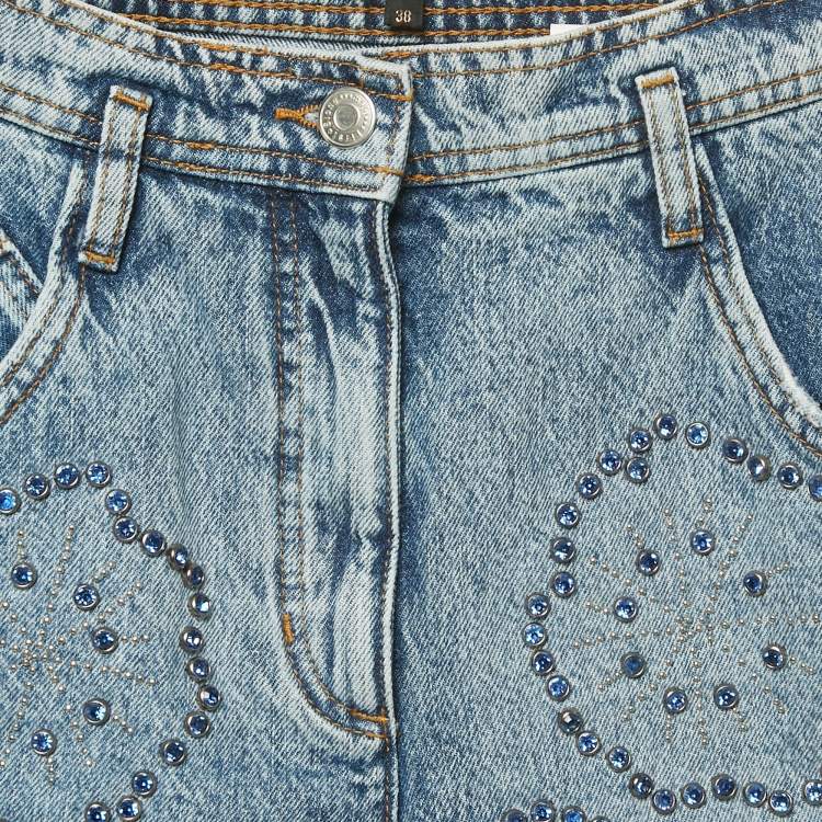 Pre Owned Maje Blue Washed Denim Rhinestone Embellished Shorts M