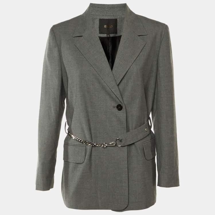 مملوكة مسبقًا Maje Grey Wool Blend Chain Belt Detail Blazer L