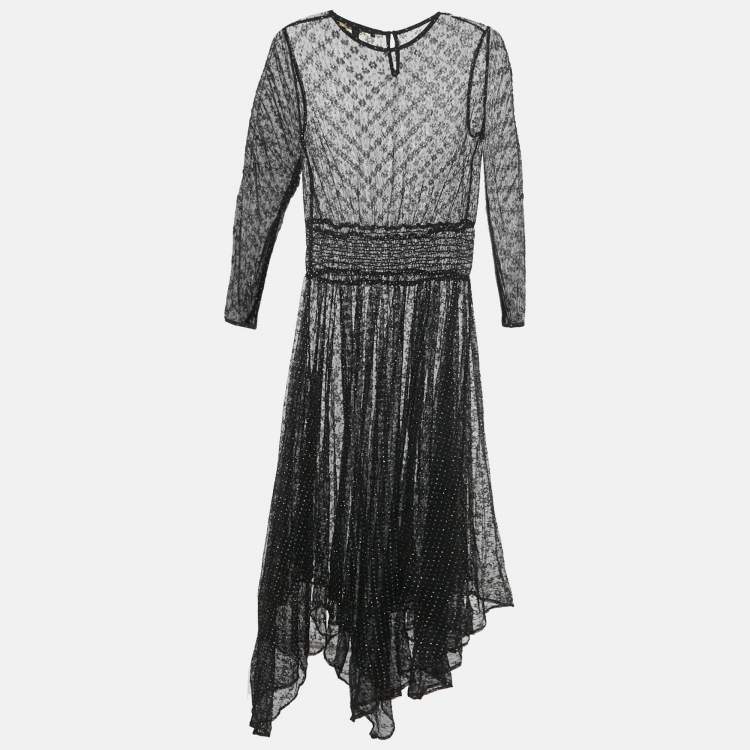 Pre Owned Maje Black Glittered Stretch Mesh Sheer Handkerchief Midi Dress S