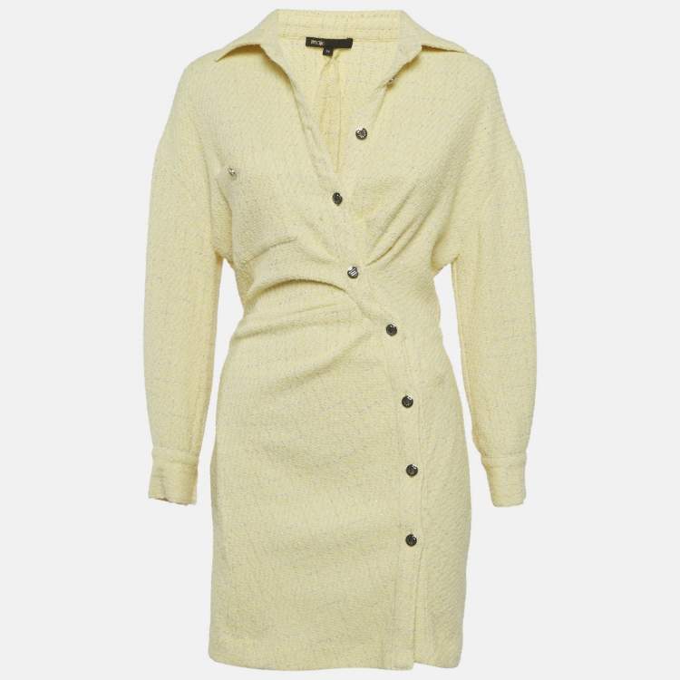 مملوكة مسبقًا Maje Yellow Lurex Tweed Asymmetrical Mini Dress M