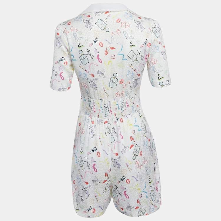 Pre Owned Maje White Printed Crepe and Broderie Anglaise Collar Playsuit S