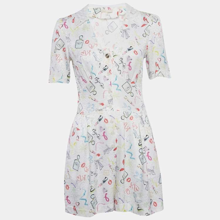Pre Owned Maje White Printed Crepe and Broderie Anglaise Collar Playsuit S
