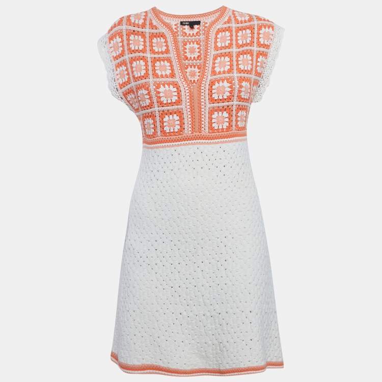 Pre Owned Maje Orange/White Crochet Mini Dress S