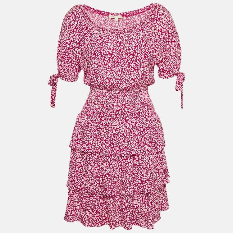 Pre Owned Maje Red Animal Printed Crepe Tiered Off-Shoulder Mini Dress S
