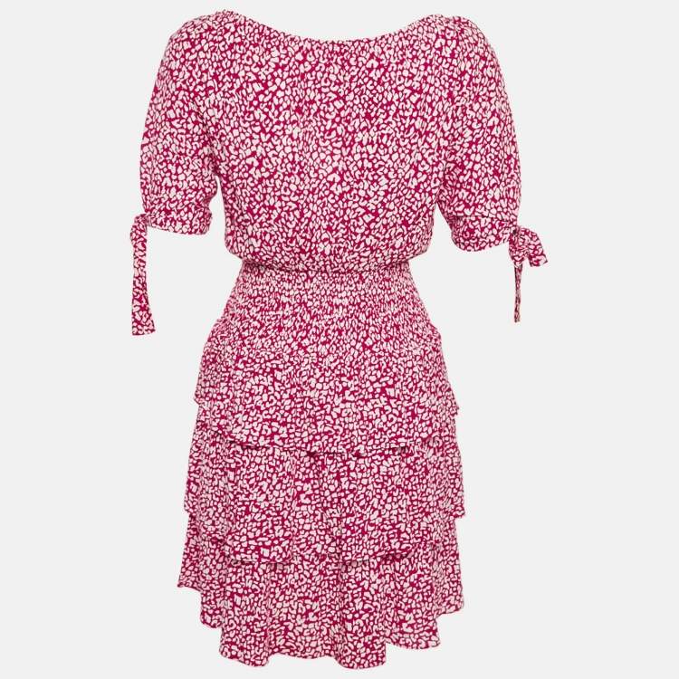 Pre Owned Maje Red Animal Printed Crepe Tiered Off-Shoulder Mini Dress S