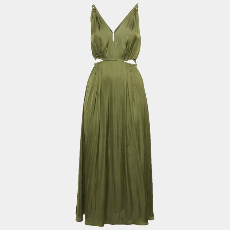 Pre Owned Maje Olive Green Satin Rune Cutout Midi Dress S