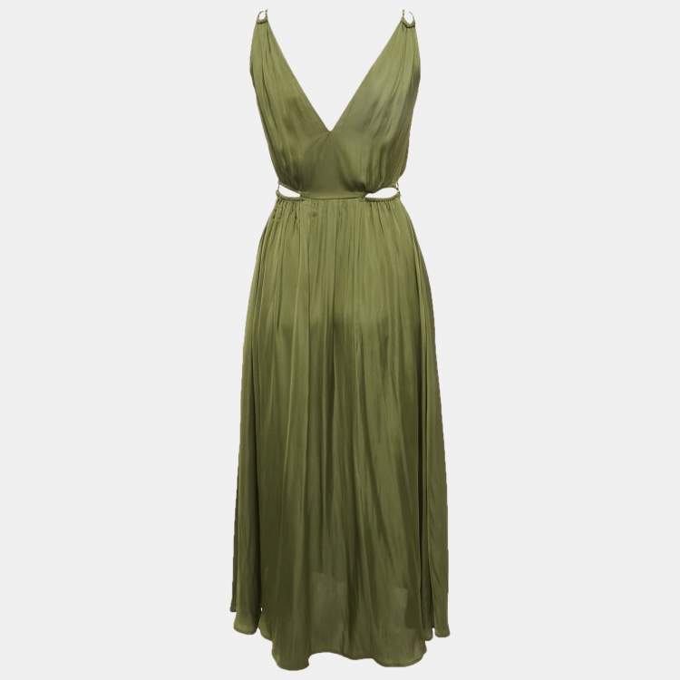 Pre Owned Maje Olive Green Satin Rune Cutout Midi Dress S