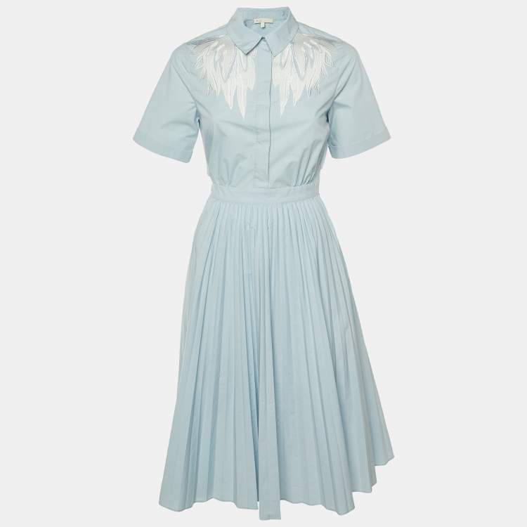 مملوكة مسبقًا Maje Light Blue Embroidered Detail Cotton Blend Pleated River Dress S