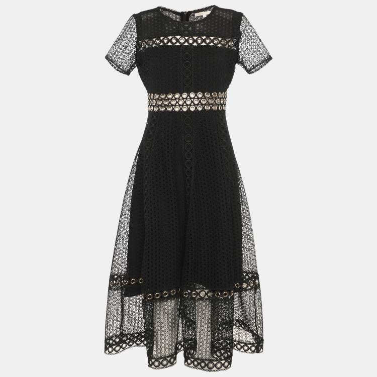 Pre Owned Maje Black Lace Grommet Short Sleeve Midi Dress S
