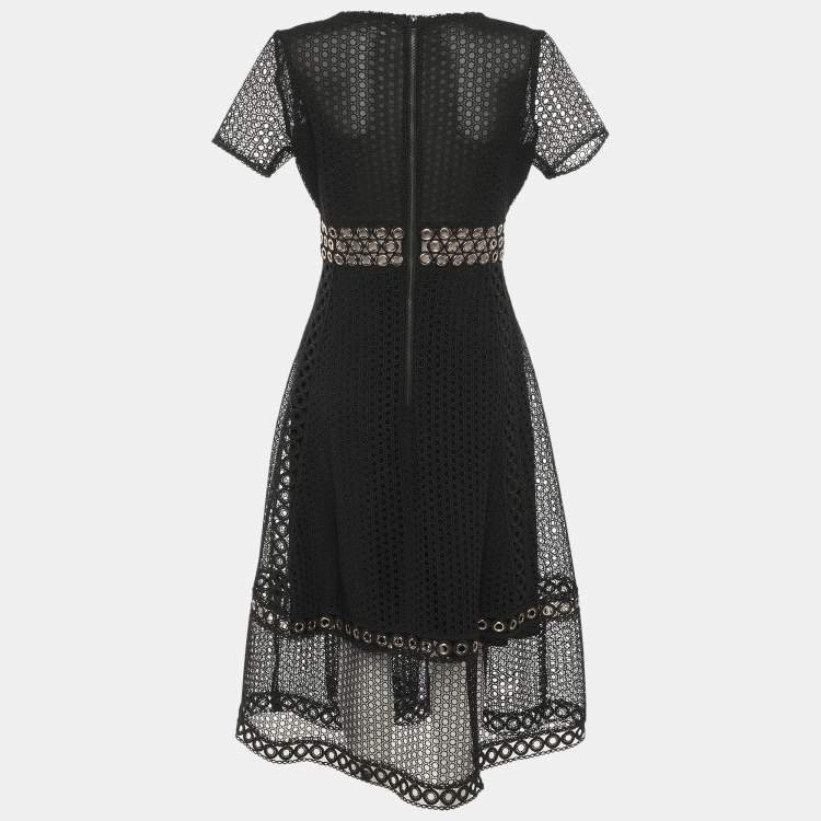 Pre Owned Maje Black Lace Grommet Short Sleeve Midi Dress S