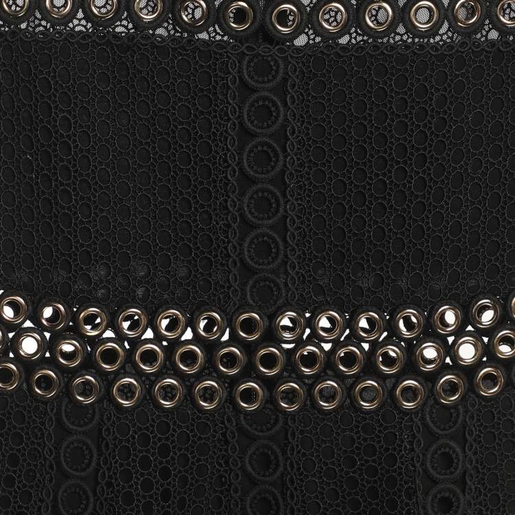 Pre Owned Maje Black Lace Grommet Short Sleeve Midi Dress S